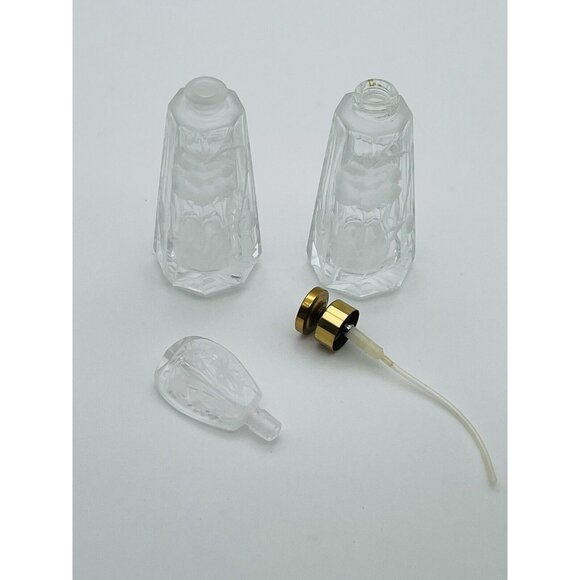 Vtg Etched Frosted Flower Perfume Bottles (2)With Brass Sprayer Top And Stopper - Picture 5 of 8